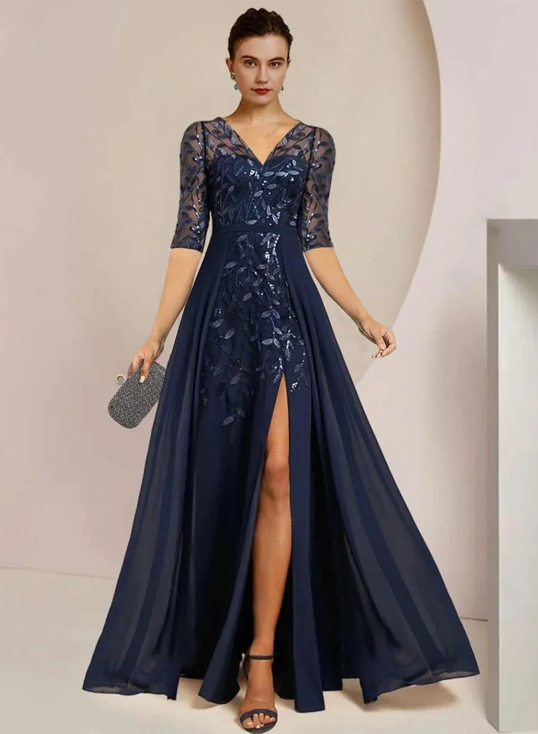 V Neck Mother of The Bride Dresses for Wedding A Line Long Formal Evening Dress with Sleeves