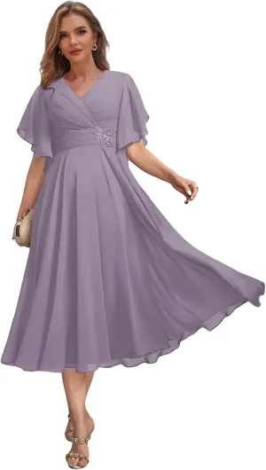 V Neck Mother of The Bride Dresses for Wedding Tea Length Chiffon Formal Evening Dress with Sleeves