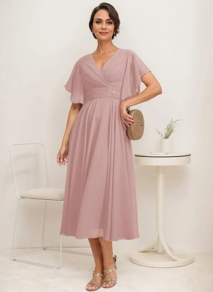 V Neck Mother of The Bride Dresses for Wedding Tea Length Chiffon Formal Evening Dress with Sleeves