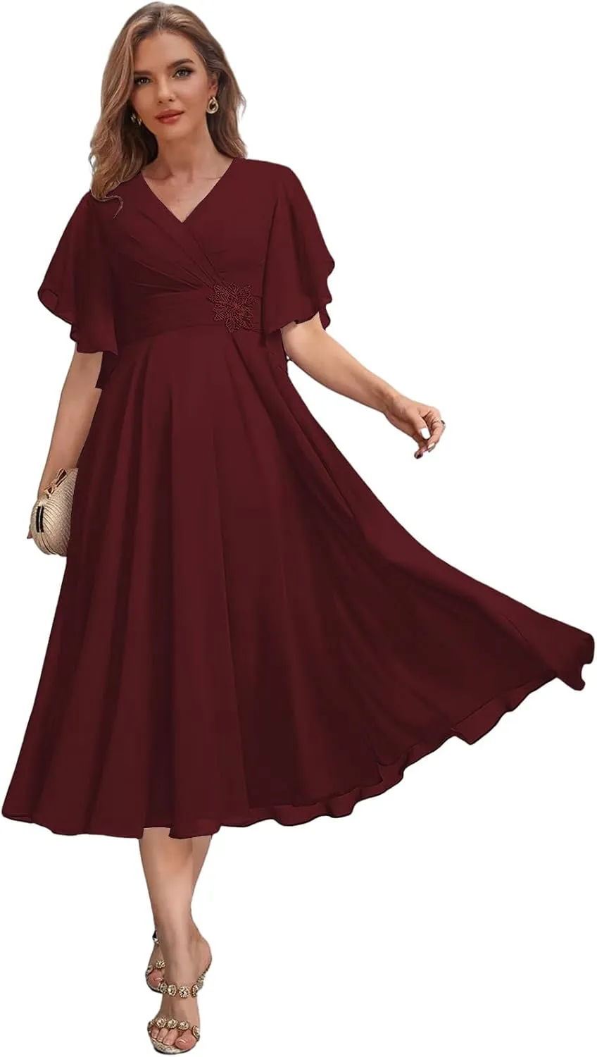 V Neck Mother of The Bride Dresses for Wedding Tea Length Chiffon Formal Evening Dress with Sleeves