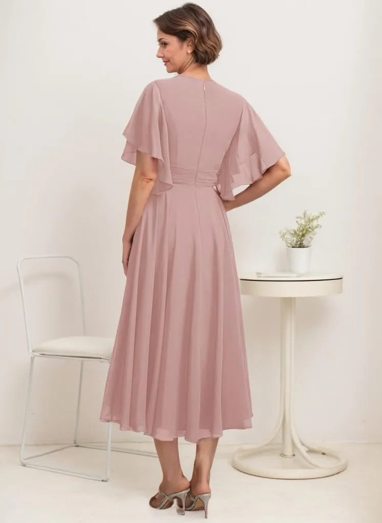 V Neck Mother of The Bride Dresses for Wedding Tea Length Chiffon Formal Evening Dress with Sleeves