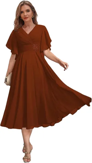 V Neck Mother of The Bride Dresses for Wedding Tea Length Chiffon Formal Evening Dress with Sleeves