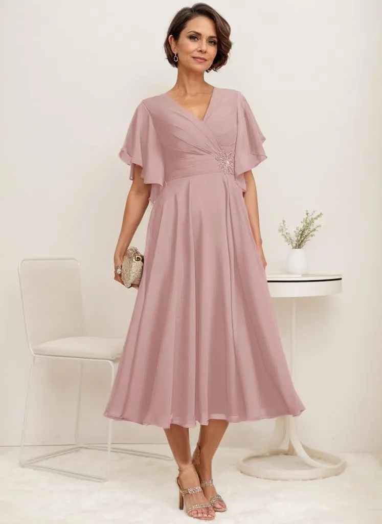V Neck Mother of The Bride Dresses for Wedding Tea Length Chiffon Formal Evening Dress with Sleeves