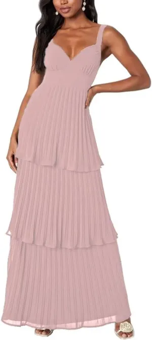 V Neck Pleated Bridesmaid Dresses Tiered Ruffle Chiffon Prom Dresses A line Backless Long Party Dress