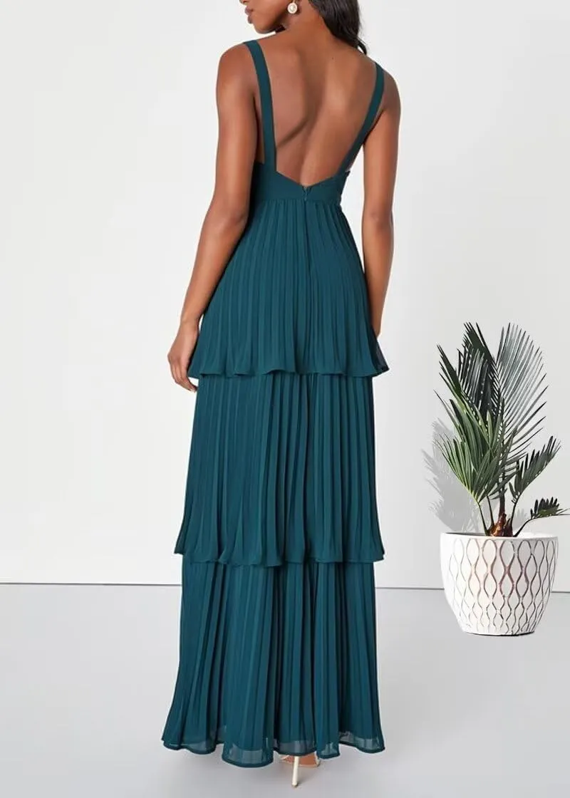 V Neck Pleated Bridesmaid Dresses Tiered Ruffle Chiffon Prom Dresses A line Backless Long Party Dress