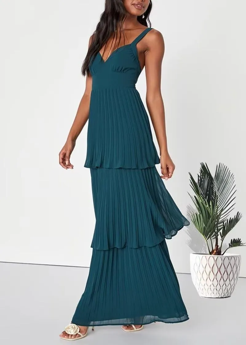 V Neck Pleated Bridesmaid Dresses Tiered Ruffle Chiffon Prom Dresses A line Backless Long Party Dress