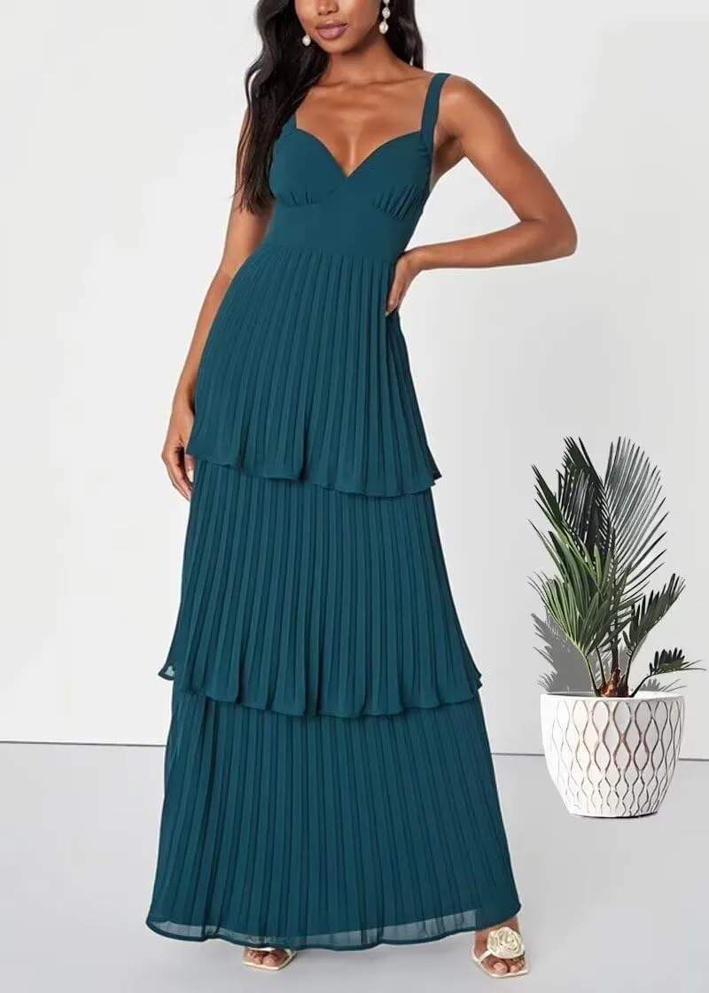 V Neck Pleated Bridesmaid Dresses Tiered Ruffle Chiffon Prom Dresses A line Backless Long Party Dress