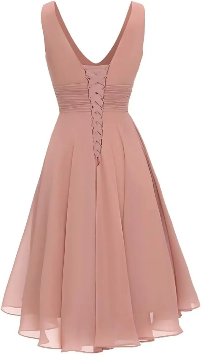 V-Neck Short Bridesmaid Dresses Chiffon A-Line Ruched Empire Waist Formal Evening Gown with Pockets