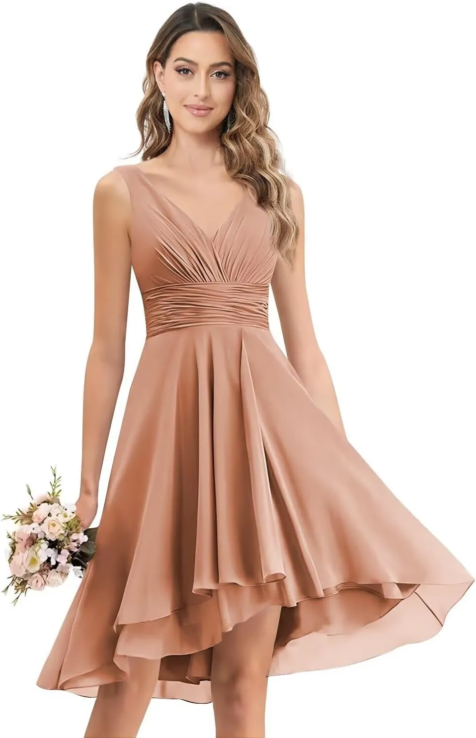 V-Neck Short Bridesmaid Dresses Chiffon A-Line Ruched Empire Waist Formal Evening Gown with Pockets