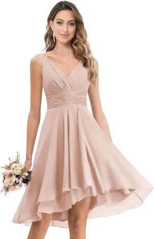 V-Neck Short Bridesmaid Dresses Chiffon A-Line Ruched Empire Waist Formal Evening Gown with Pockets