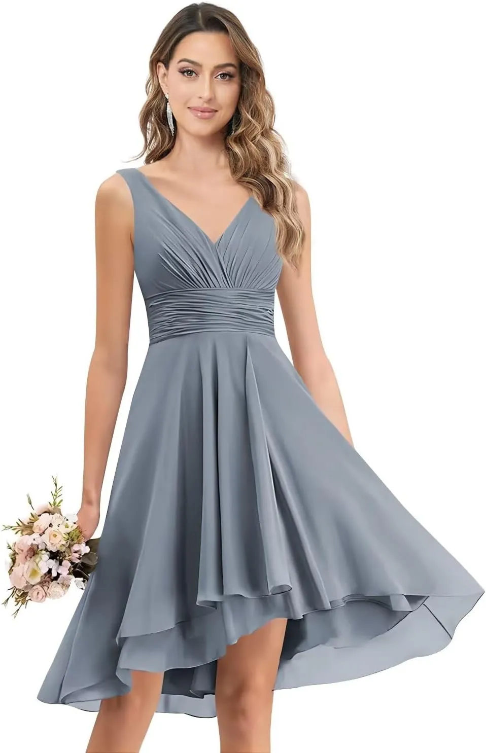 V-Neck Short Bridesmaid Dresses Chiffon A-Line Ruched Empire Waist Formal Evening Gown with Pockets