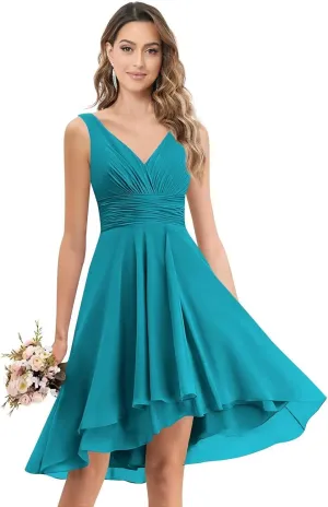 V-Neck Short Bridesmaid Dresses Chiffon A-Line Ruched Empire Waist Formal Evening Gown with Pockets