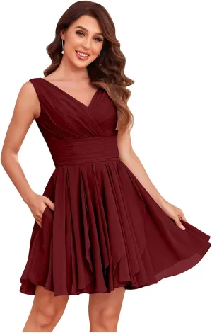 V Neck Short Bridesmaid Dresses for Wedding A Line Pleats Chiffon Formal Party Dress with Pockets