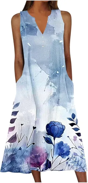 Vacation Dresses for Women 2025 Sleeveless Boho Floral Sundress V-Neck Summer Beach Flowy Dress with Pockets