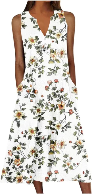 Vacation Dresses for Women 2025 Sleeveless Boho Floral Sundress V-Neck Summer Beach Flowy Dress with Pockets