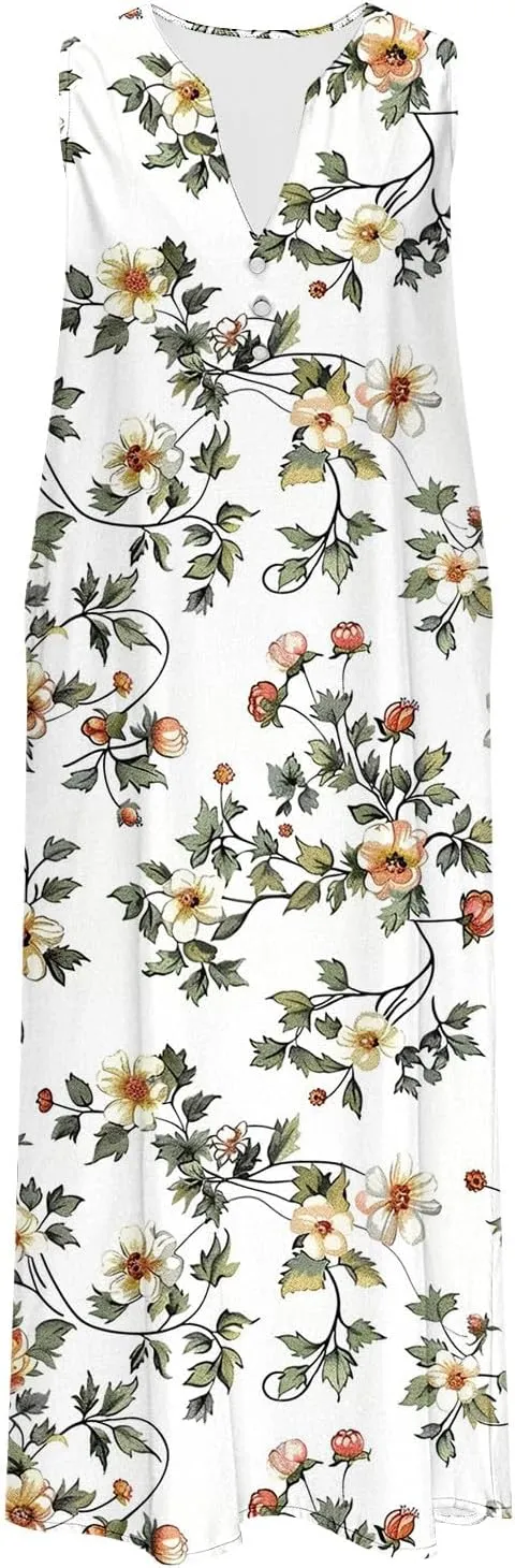 Vacation Dresses for Women 2025 Sleeveless Boho Floral Sundress V-Neck Summer Beach Flowy Dress with Pockets