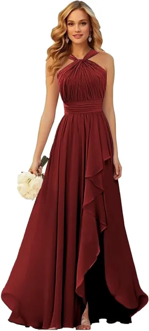 VCCICANY Halter Bridesmaid Dresses for Women Chiffon Ruffle Ruched Long Formal Dress with Slit