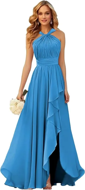 VCCICANY Halter Bridesmaid Dresses for Women Chiffon Ruffle Ruched Long Formal Dress with Slit