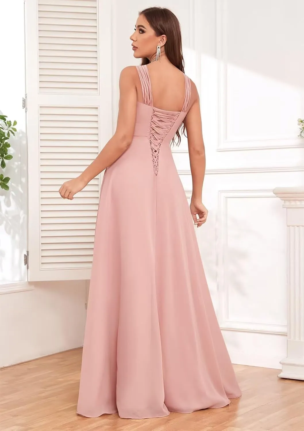 VCCICANY Halter Bridesmaid Dresses for Women Chiffon Ruffle Ruched Long Formal Dress with Slit