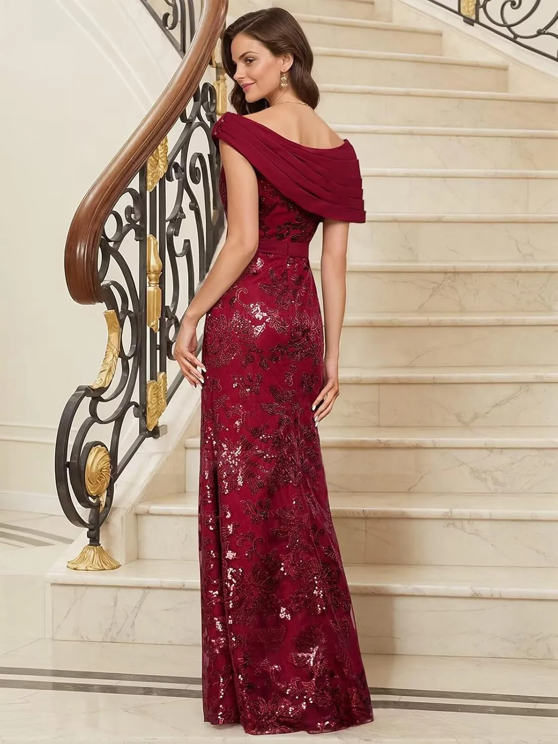 VCCICANY Sequin Mermaid Mother of The Bride Dresses for Women Chiffon Off Shoulder Ruched Long Formal Evening Gowns