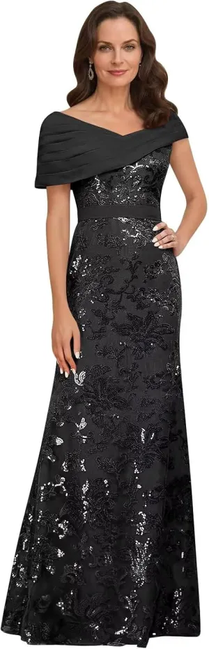 VCCICANY Sequin Mermaid Mother of The Bride Dresses for Women Chiffon Off Shoulder Ruched Long Formal Evening Gowns