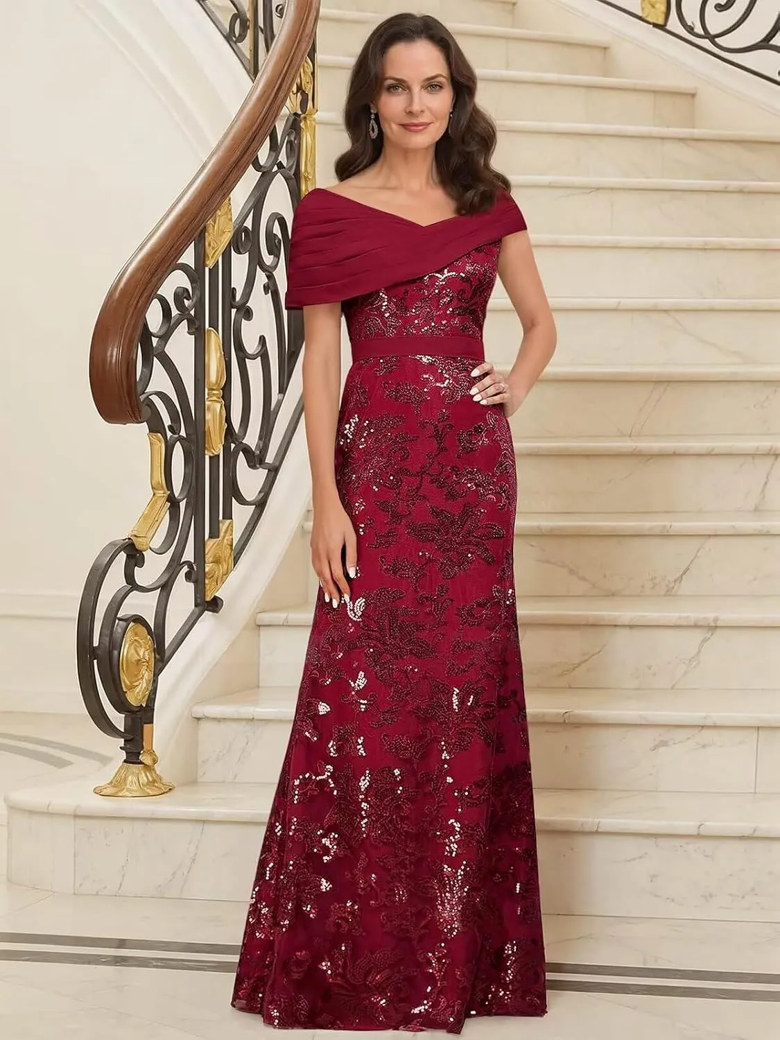 VCCICANY Sequin Mermaid Mother of The Bride Dresses for Women Chiffon Off Shoulder Ruched Long Formal Evening Gowns