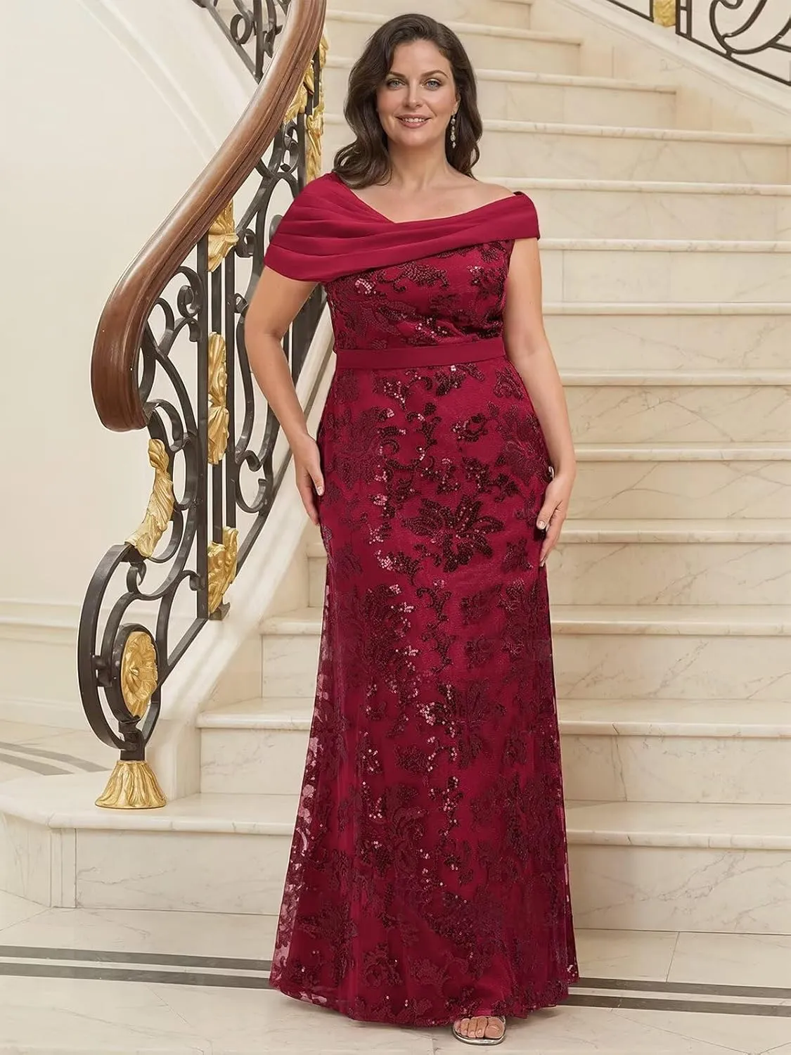 VCCICANY Sequin Mermaid Mother of The Bride Dresses for Women Chiffon Off Shoulder Ruched Long Formal Evening Gowns