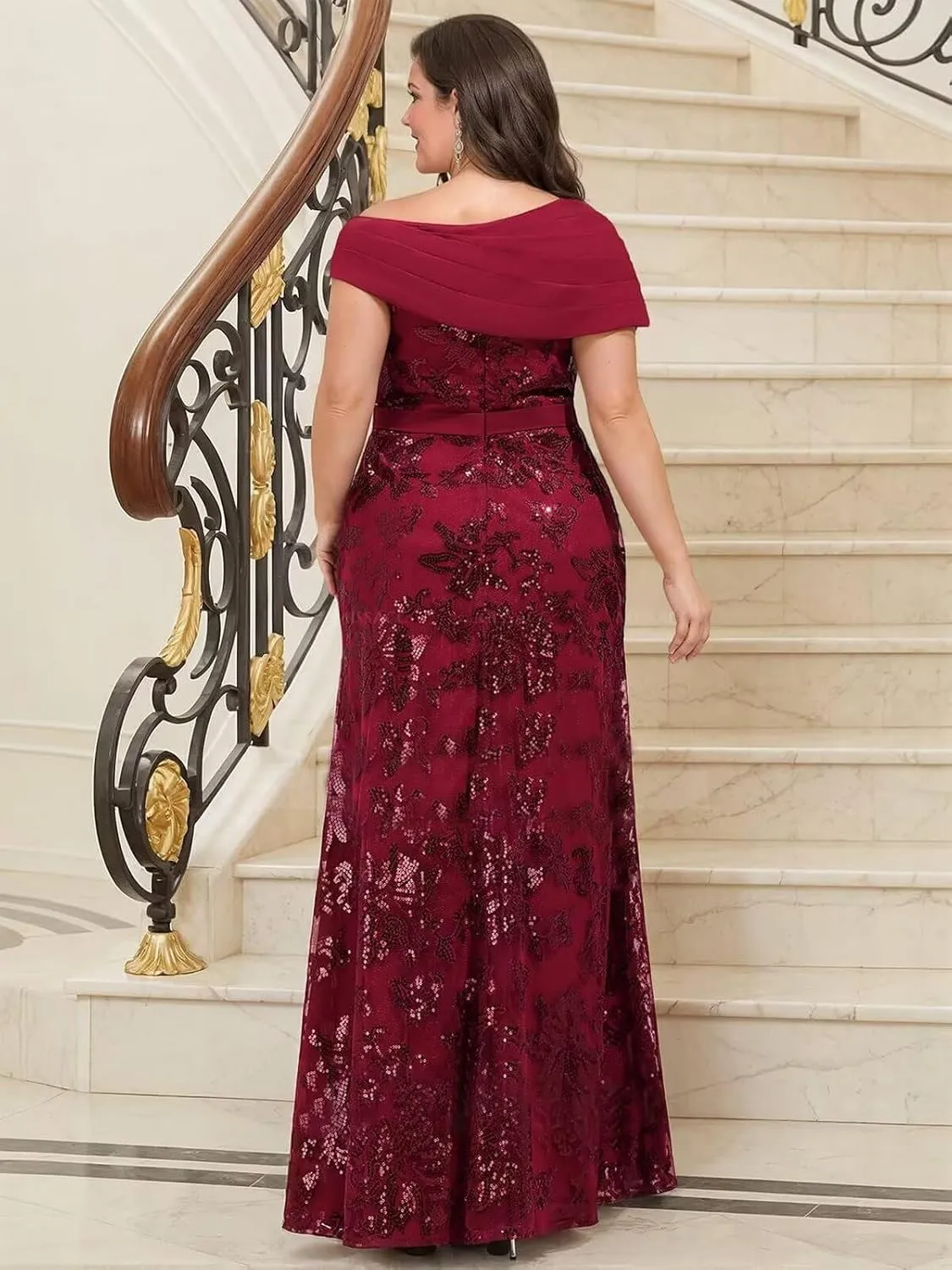 VCCICANY Sequin Mermaid Mother of The Bride Dresses for Women Chiffon Off Shoulder Ruched Long Formal Evening Gowns