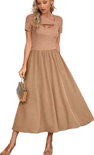 VICHYIE Womens Summer Dresses Cutout One Piece Ribbed Maxi Short Sleeve Casual Flowy A-Line Long Midi Dress