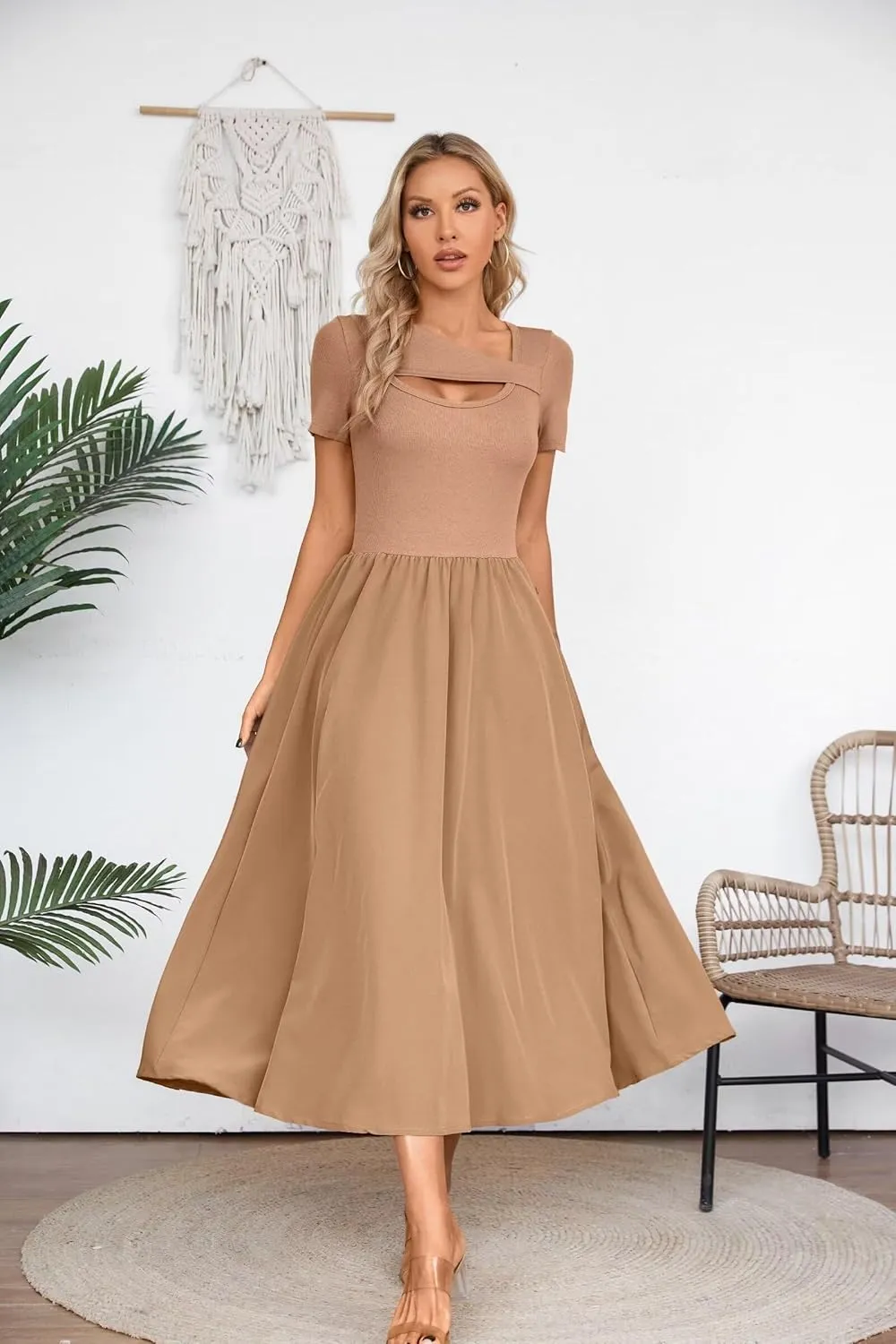 VICHYIE Womens Summer Dresses Cutout One Piece Ribbed Maxi Short Sleeve Casual Flowy A-Line Long Midi Dress