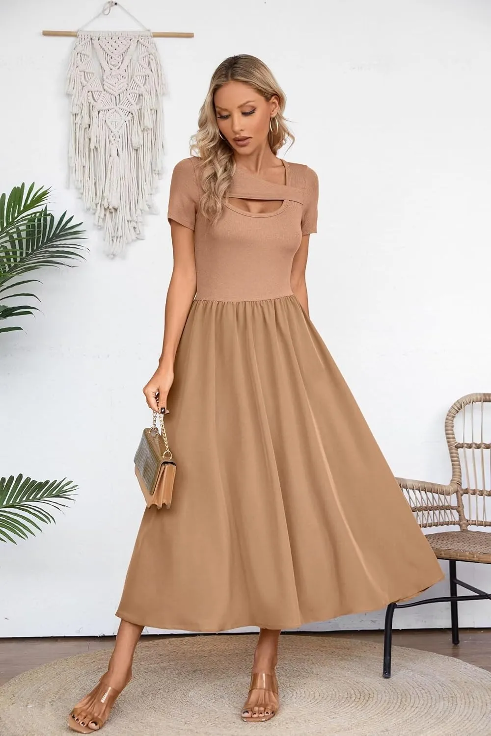 VICHYIE Womens Summer Dresses Cutout One Piece Ribbed Maxi Short Sleeve Casual Flowy A-Line Long Midi Dress