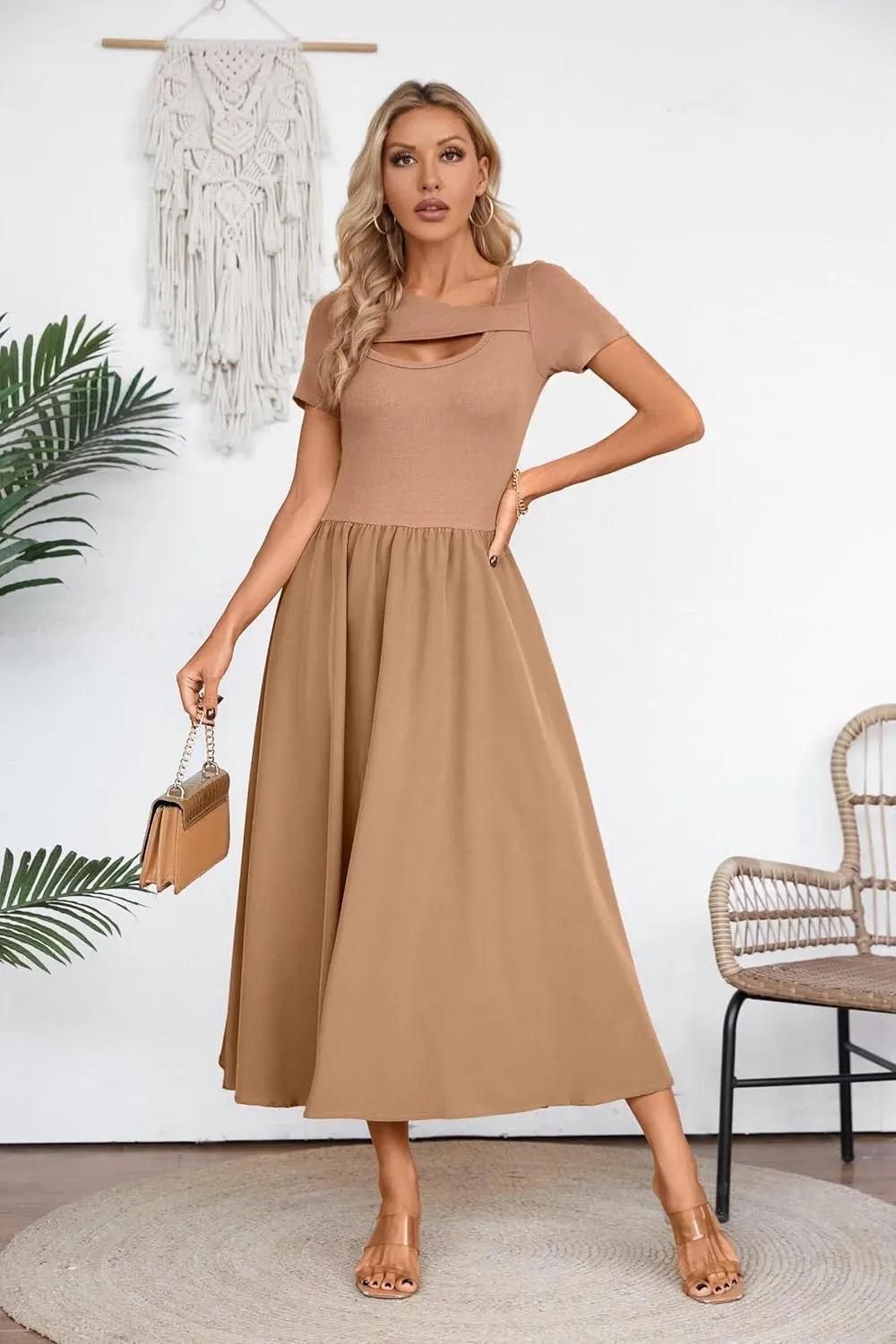 VICHYIE Womens Summer Dresses Cutout One Piece Ribbed Maxi Short Sleeve Casual Flowy A-Line Long Midi Dress