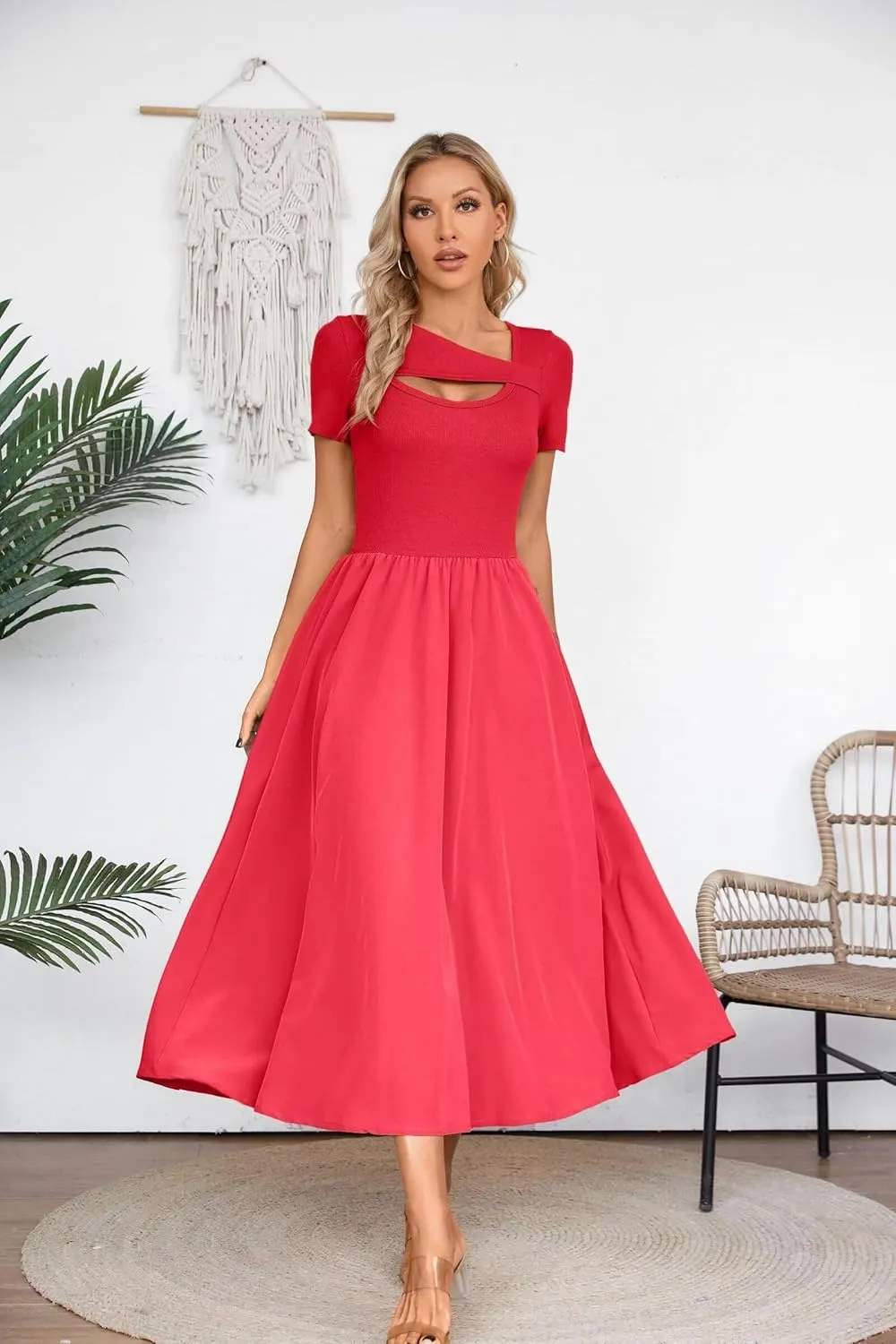 VICHYIE Womens Summer Dresses Cutout One Piece Ribbed Maxi Short Sleeve Casual Flowy A-Line Long Midi Dress