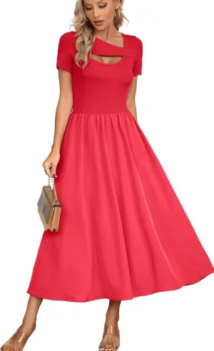 VICHYIE Womens Summer Dresses Cutout One Piece Ribbed Maxi Short Sleeve Casual Flowy A-Line Long Midi Dress