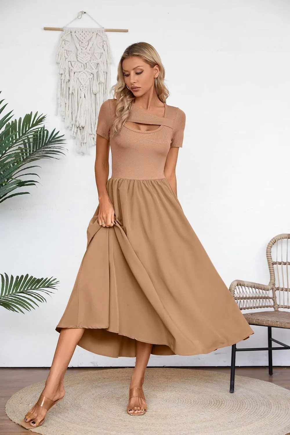 VICHYIE Womens Summer Dresses Cutout One Piece Ribbed Maxi Short Sleeve Casual Flowy A-Line Long Midi Dress