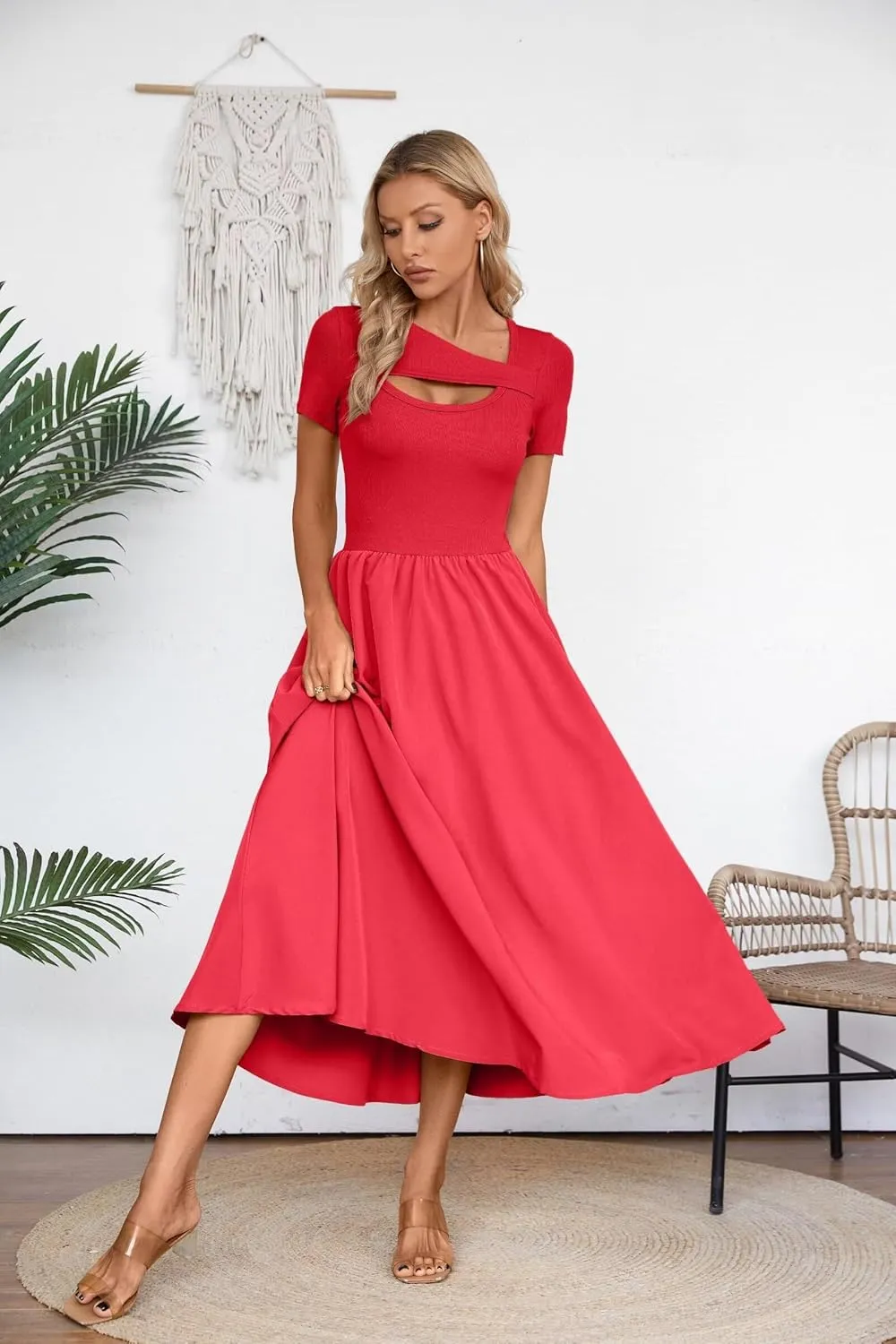 VICHYIE Womens Summer Dresses Cutout One Piece Ribbed Maxi Short Sleeve Casual Flowy A-Line Long Midi Dress