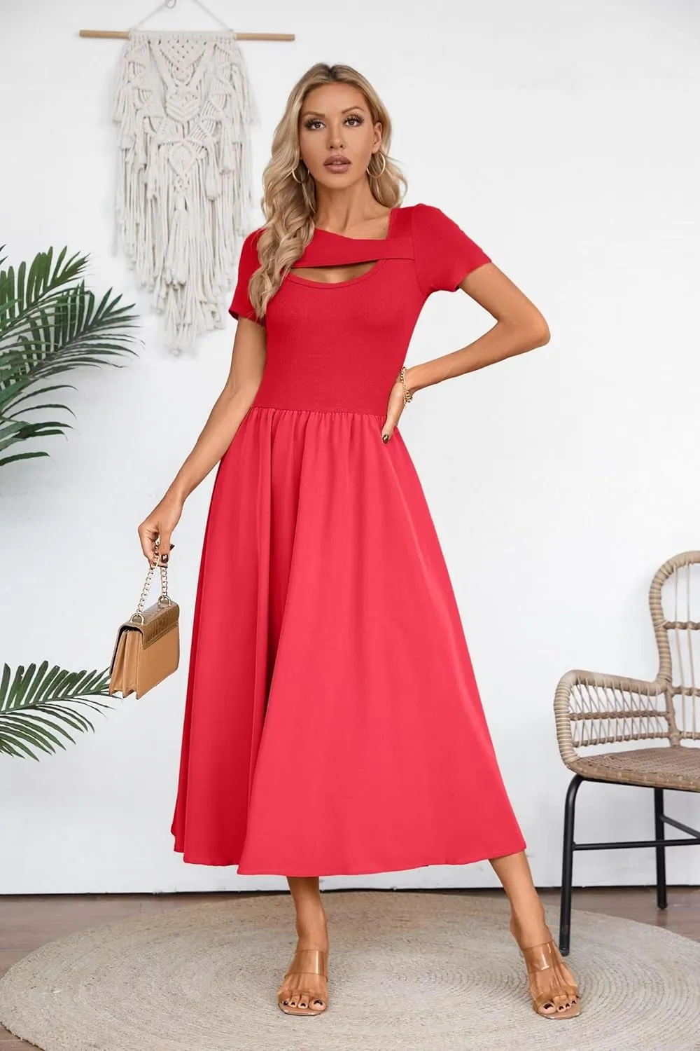 VICHYIE Womens Summer Dresses Cutout One Piece Ribbed Maxi Short Sleeve Casual Flowy A-Line Long Midi Dress