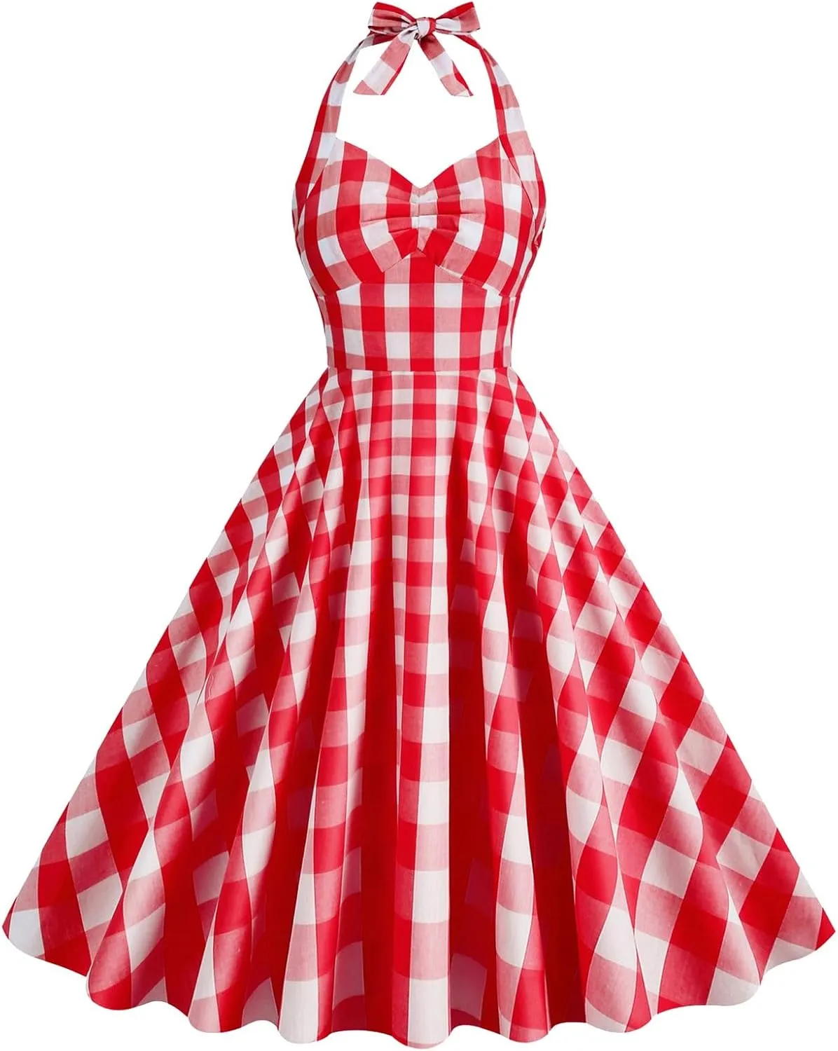Vintage Dress for Women Plaid 50s Midi Dresses Audrey Hepburn Rockabilly Halter A Line Swing Dress Halloween Costume