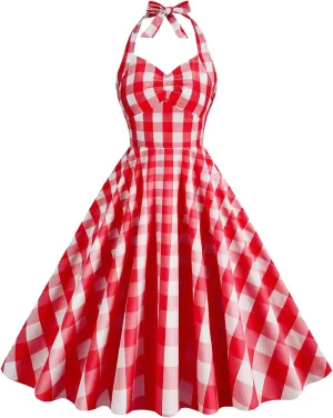 Vintage Dress for Women Plaid 50s Midi Dresses Audrey Hepburn Rockabilly Halter A Line Swing Dress Halloween Costume