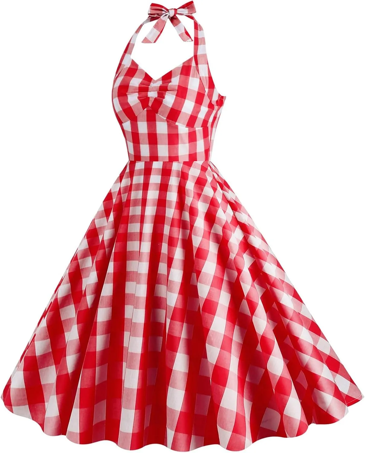 Vintage Dress for Women Plaid 50s Midi Dresses Audrey Hepburn Rockabilly Halter A Line Swing Dress Halloween Costume