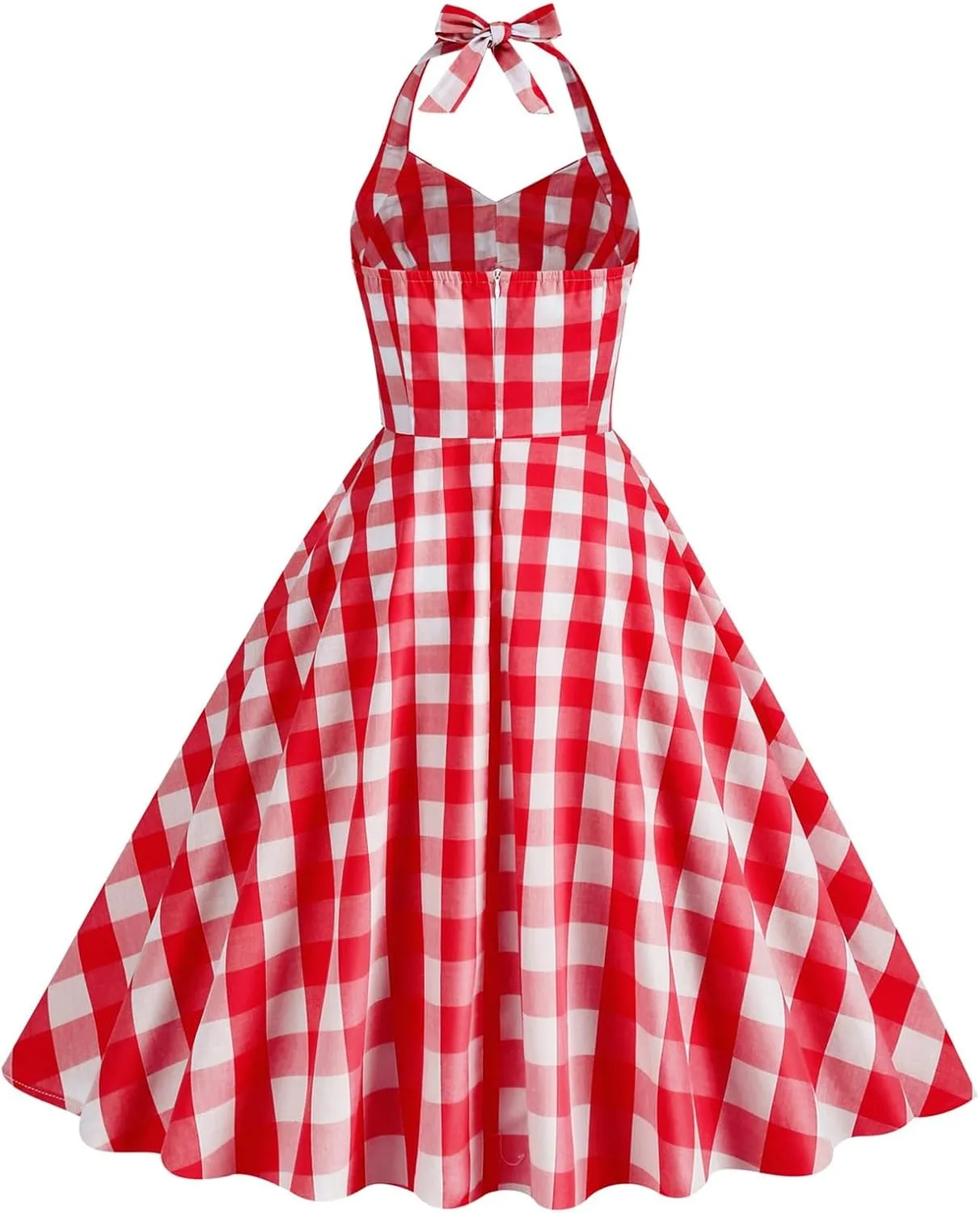 Vintage Dress for Women Plaid 50s Midi Dresses Audrey Hepburn Rockabilly Halter A Line Swing Dress Halloween Costume