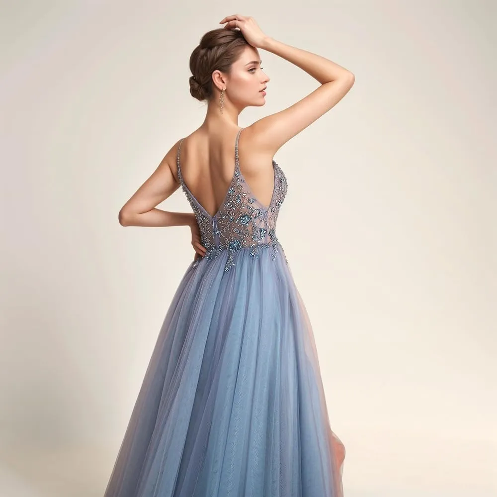 VK Backless V Cut Formal Dress Breathable Mesh Cocktail Party Gown with Detachable Waist Chain and Anti-Slip Straps