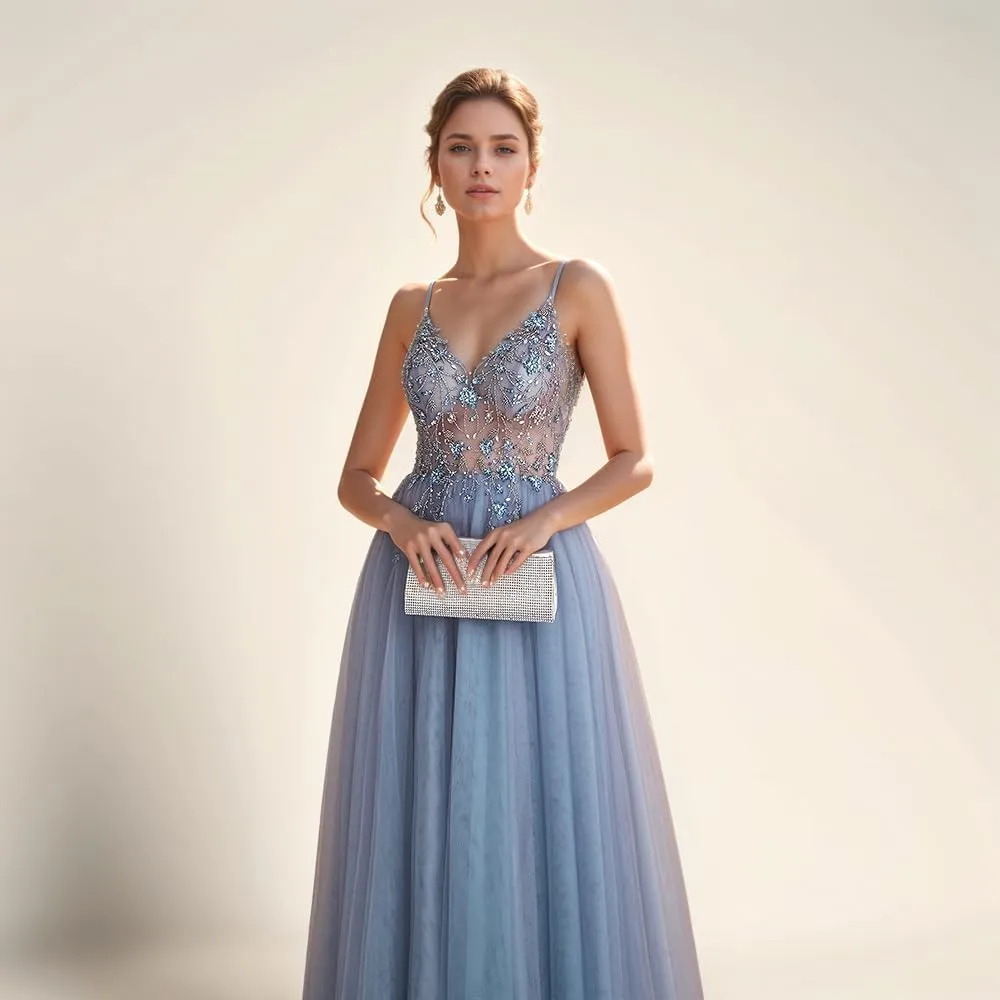 VK Backless V Cut Formal Dress Breathable Mesh Cocktail Party Gown with Detachable Waist Chain and Anti-Slip Straps