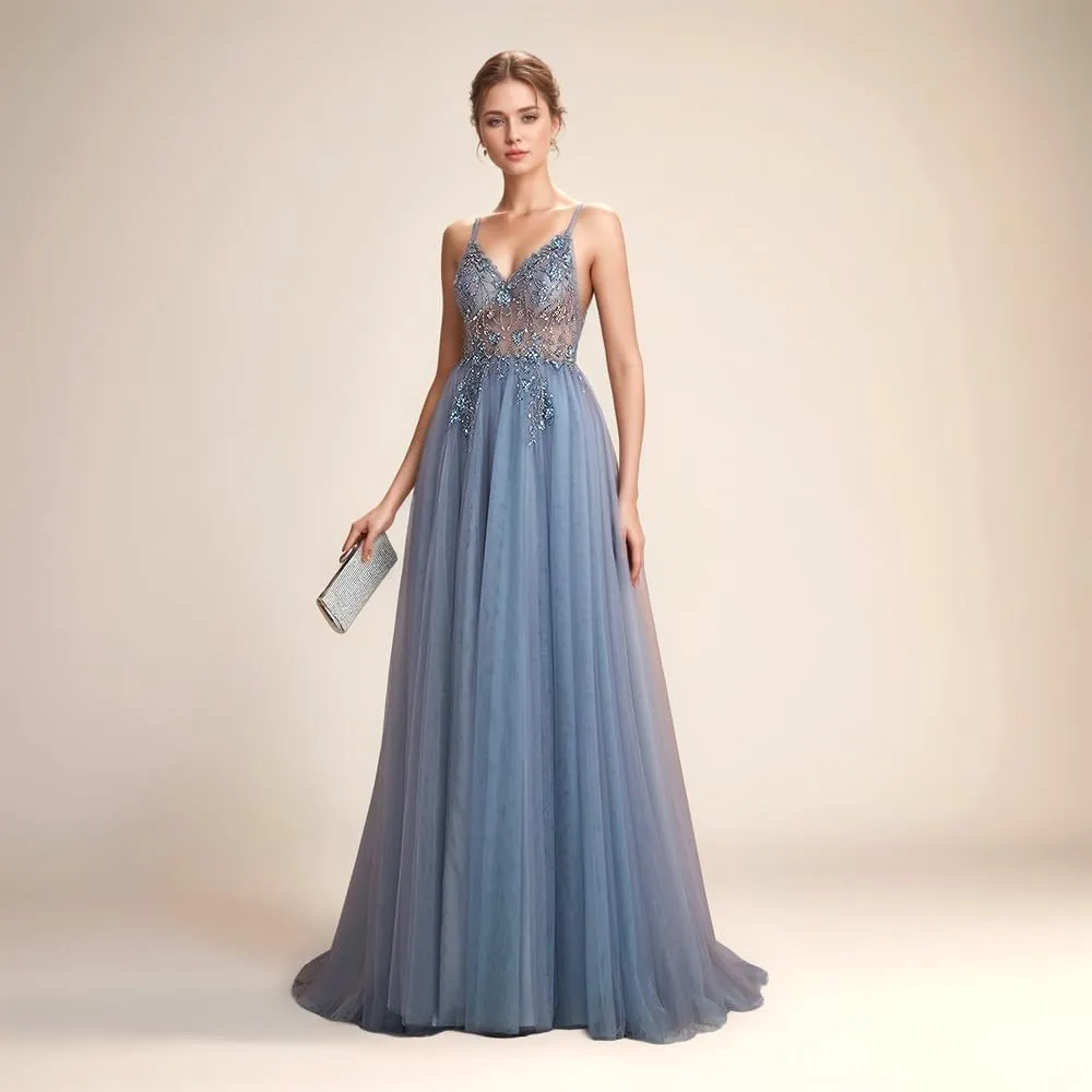 VK Backless V Cut Formal Dress Breathable Mesh Cocktail Party Gown with Detachable Waist Chain and Anti-Slip Straps