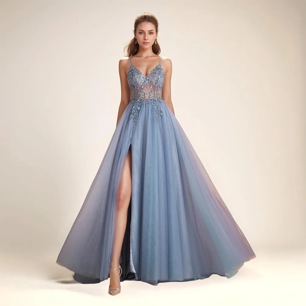 VK Backless V Cut Formal Dress Breathable Mesh Cocktail Party Gown with Detachable Waist Chain and Anti-Slip Straps