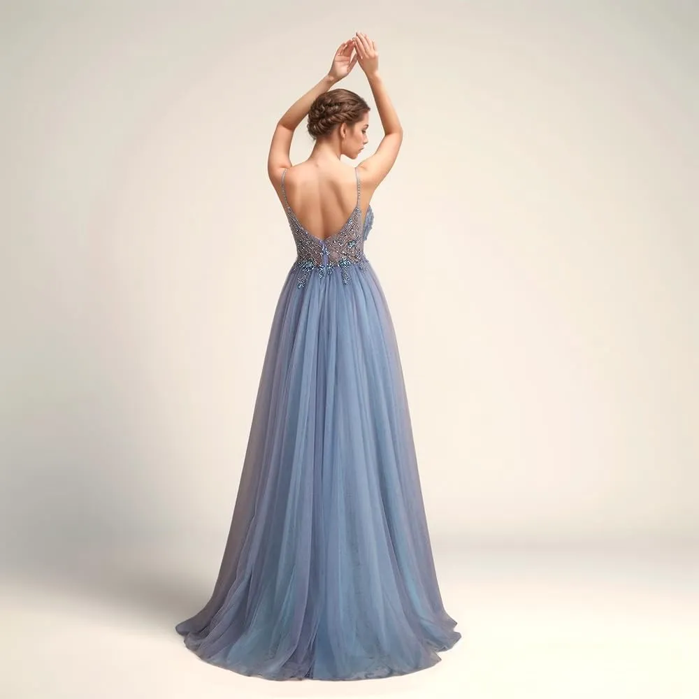 VK Backless V Cut Formal Dress Breathable Mesh Cocktail Party Gown with Detachable Waist Chain and Anti-Slip Straps