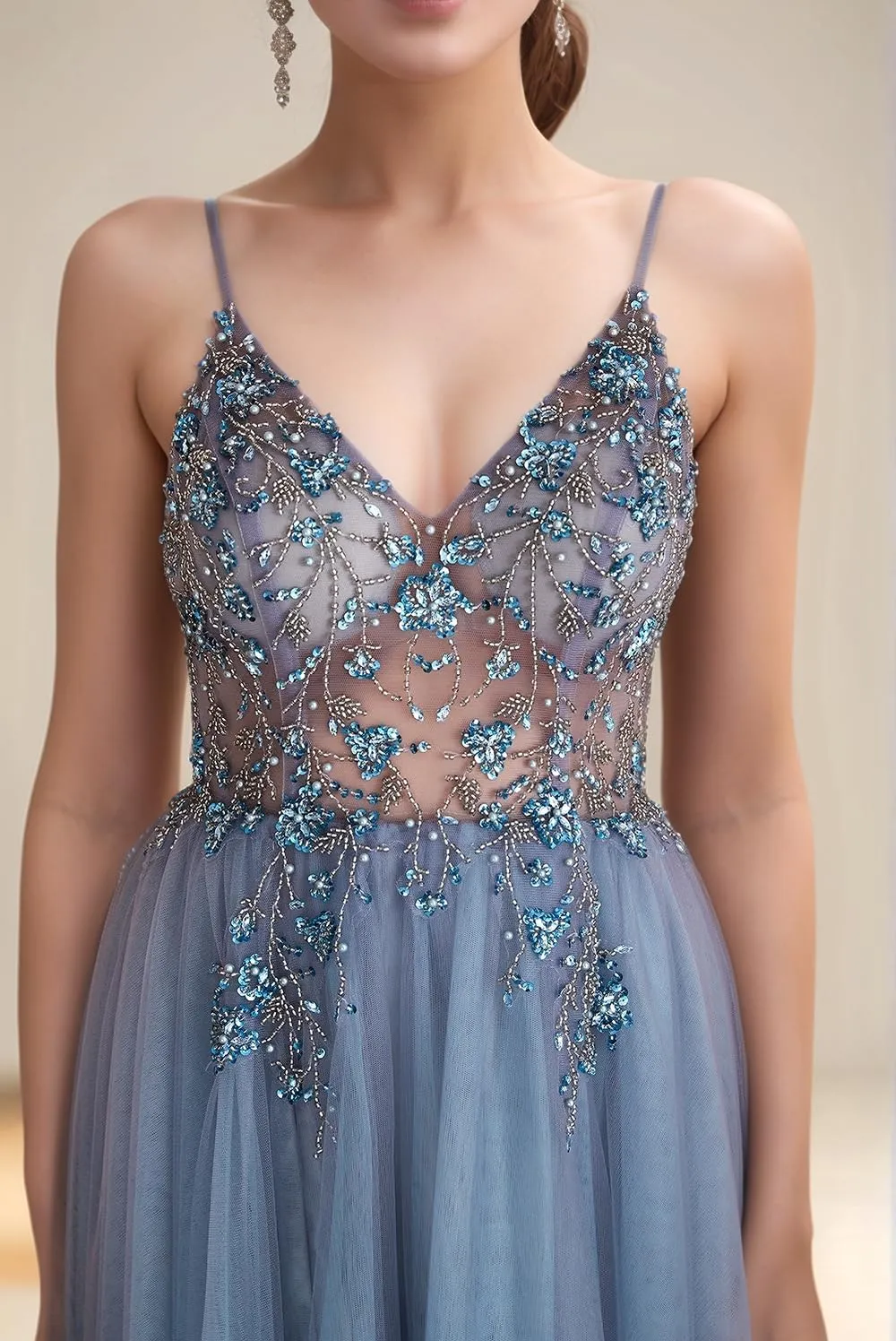 VK Backless V Cut Formal Dress Breathable Mesh Cocktail Party Gown with Detachable Waist Chain and Anti-Slip Straps
