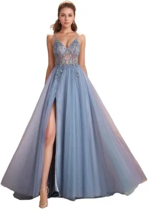 VK Backless V Cut Formal Dress Breathable Mesh Cocktail Party Gown with Detachable Waist Chain and Anti-Slip Straps