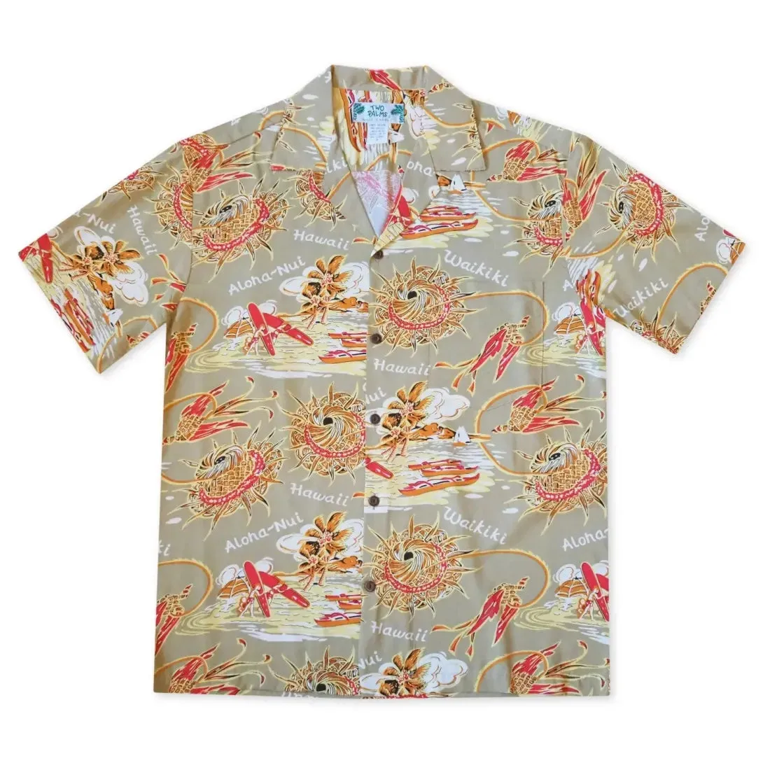 Waikiki Wanderer Tan Hawaiian Rayon Shirt