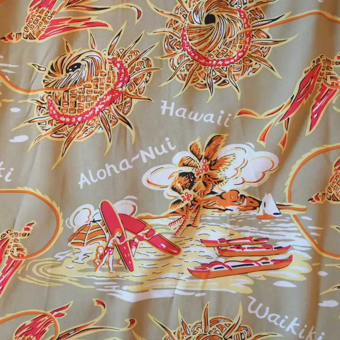 Waikiki Wanderer Tan Hawaiian Rayon Shirt